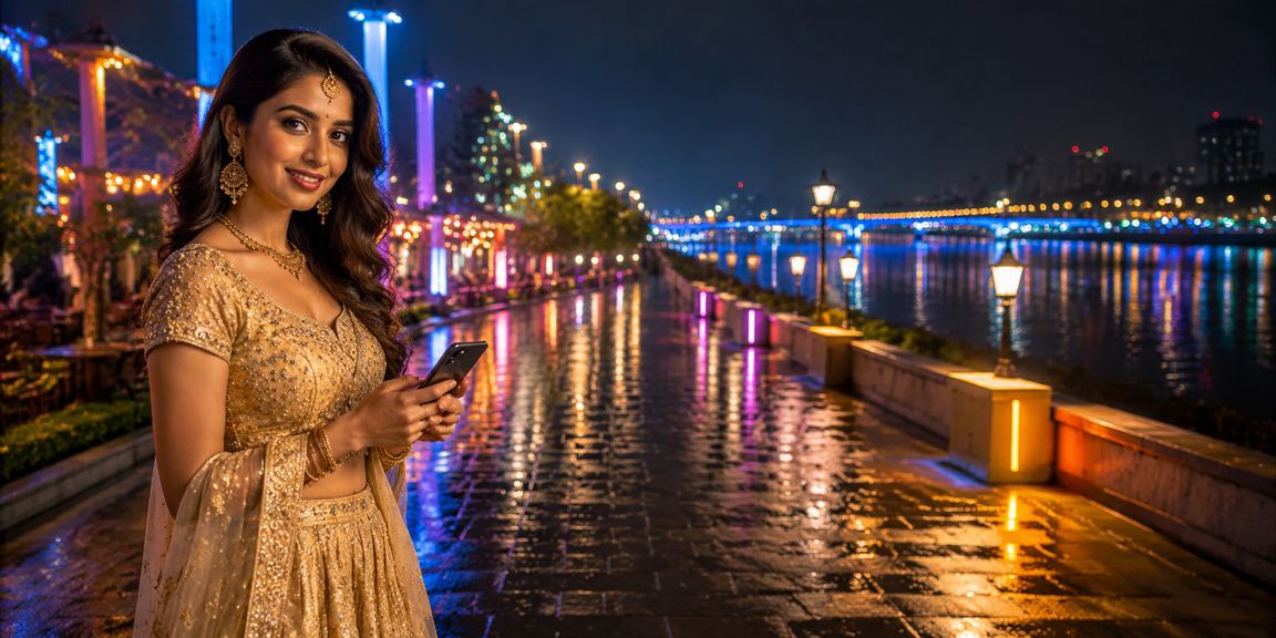 Elegant VIP player enjoying mobile casino experience at Ahmedabad riverfront