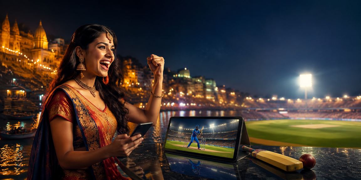 Serene Varanasi ghat with cricket betting focus